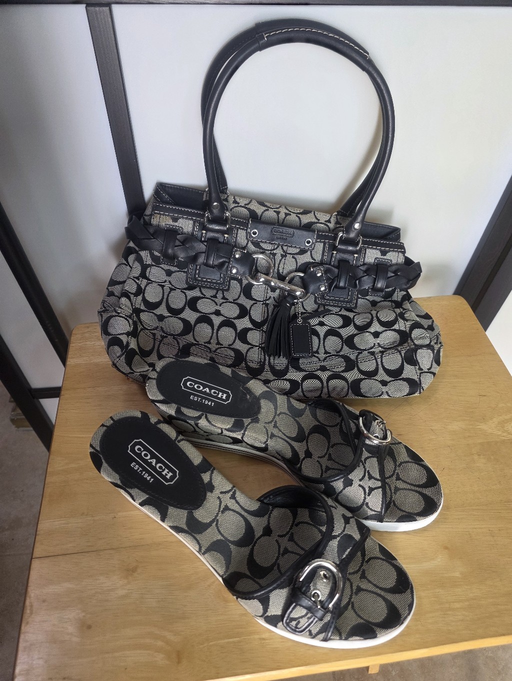 Coach Black And Gray Signature Satchel With Matching Wedge Slides Shoes Size 11